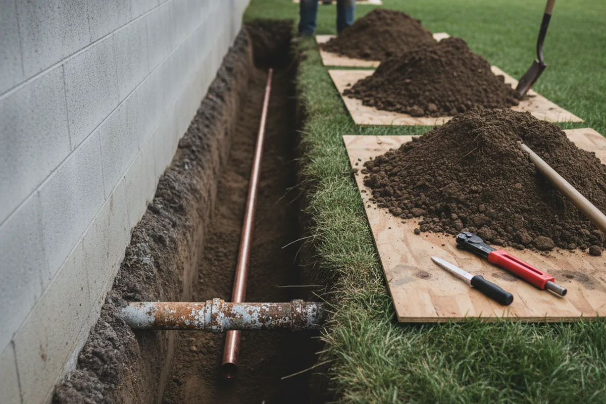Excavated water line trench during Sewer Line Repair in Corpus Christi